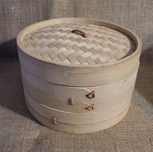 10" Natural Bamboo Steamer Cooker 2 Tier Levels & Cover Stackable Asian Oriental